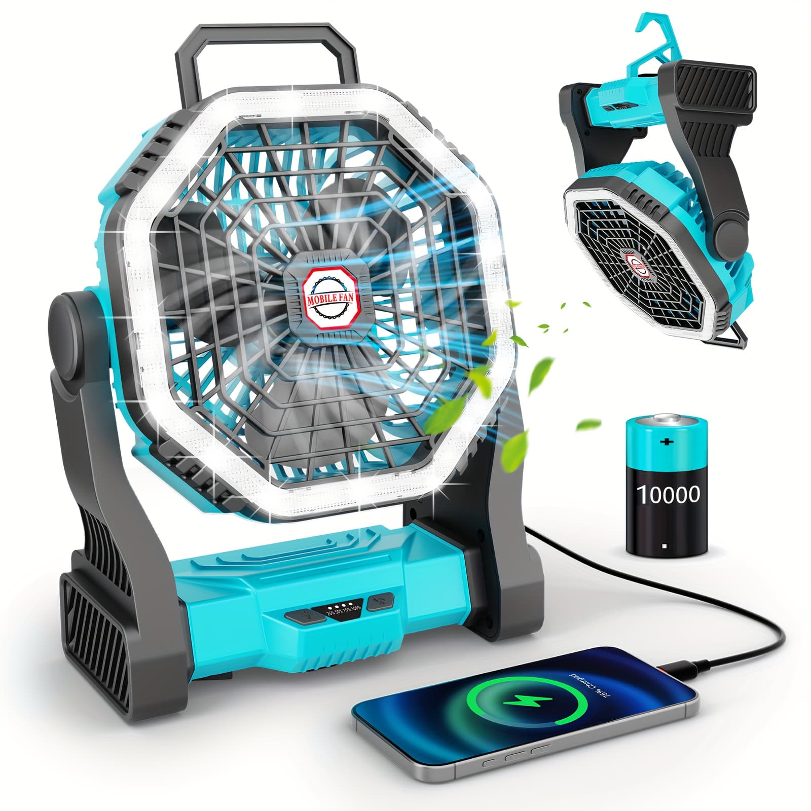 TEMU Rechargeable Portable Camping Fan With Led Light And Hanging Rope - 4-speed Adjustable, 3 Lighting , Abs Material Suitable For Tent, Outdoor Travel, Indoor Use, Tent Accessories, , , Home Use,