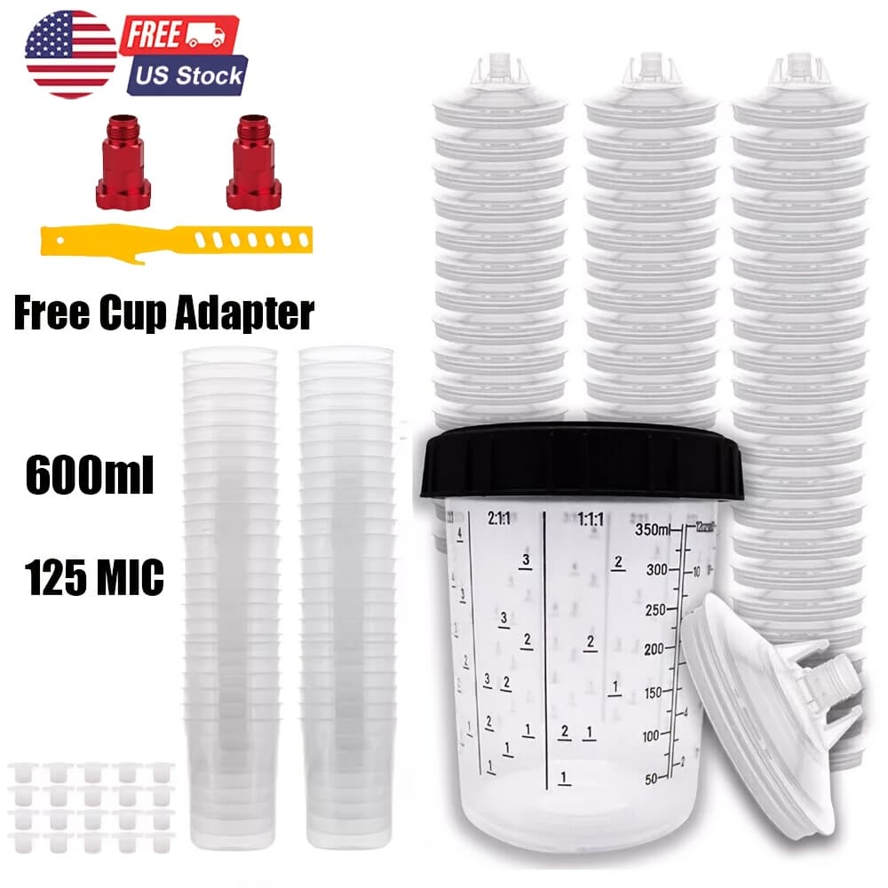 TEMU 50pcs Disposable Paint Spray Gun Cup Liners And Lid System With 50pcs Paint Cups With Lids, Hard Cup With Retainer Ring, 2 Cup Adapter, Paint Stirrer, For Automotive Paint Gun