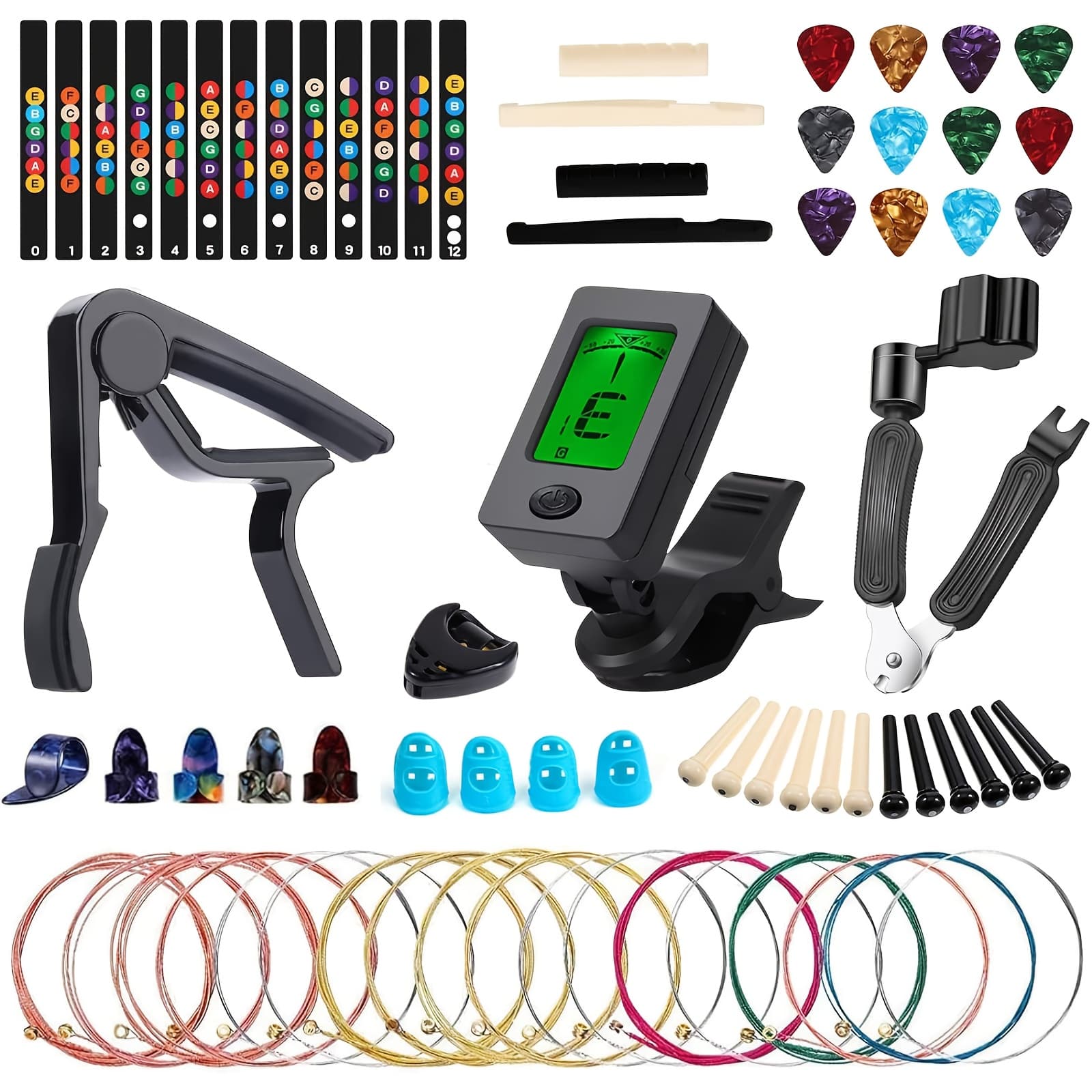 TEMU 60pcs Acoustic Guitar Accessories Kit Including Guitar Strings, Tuner, Capo, 3-in-1 Restring Tool, Pick Holder, Bridge Pins, Nuts & , Finger Protector, Finger Picks, Stickers