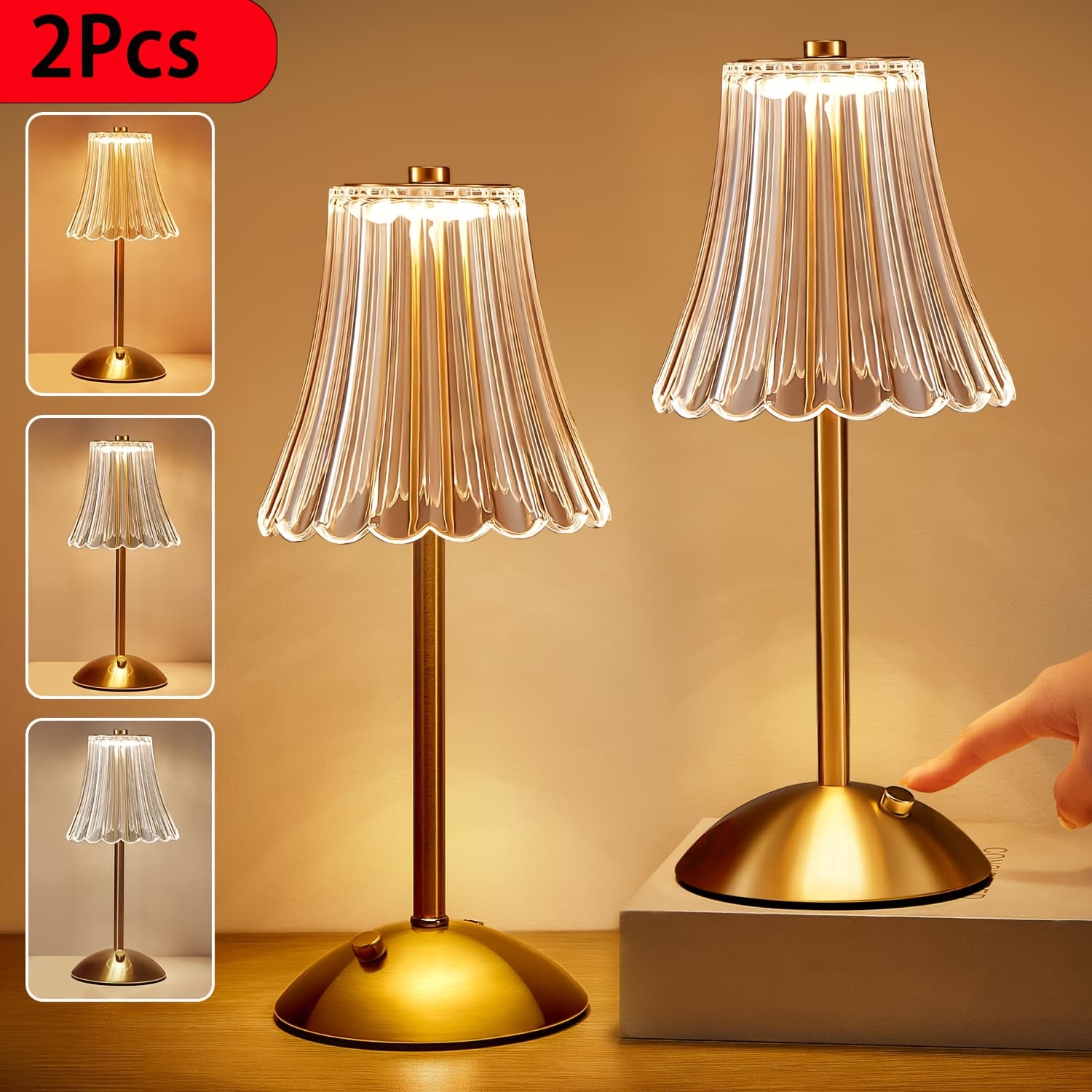 TEMU 2pcs Modern Led Crystal Table Lamp With Touch Control - Lighting, Wrought , With Usb Rechargeable Battery, Perfect For Bedroom, Living Room, And Hotel Decor, In 1pc