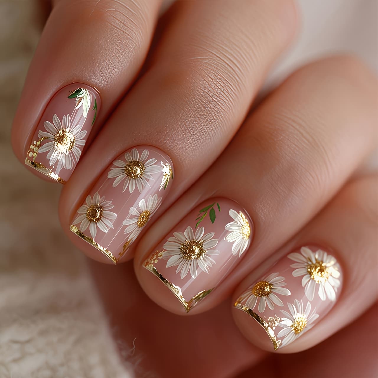 TEMU 24pcs Spring/summer Short Square Press-on Nail Set, Featuring , White Flowers, And Green Grass, With Elegant White Double-petaled Flowers. Includes Nail Tools; An For Women And Summer