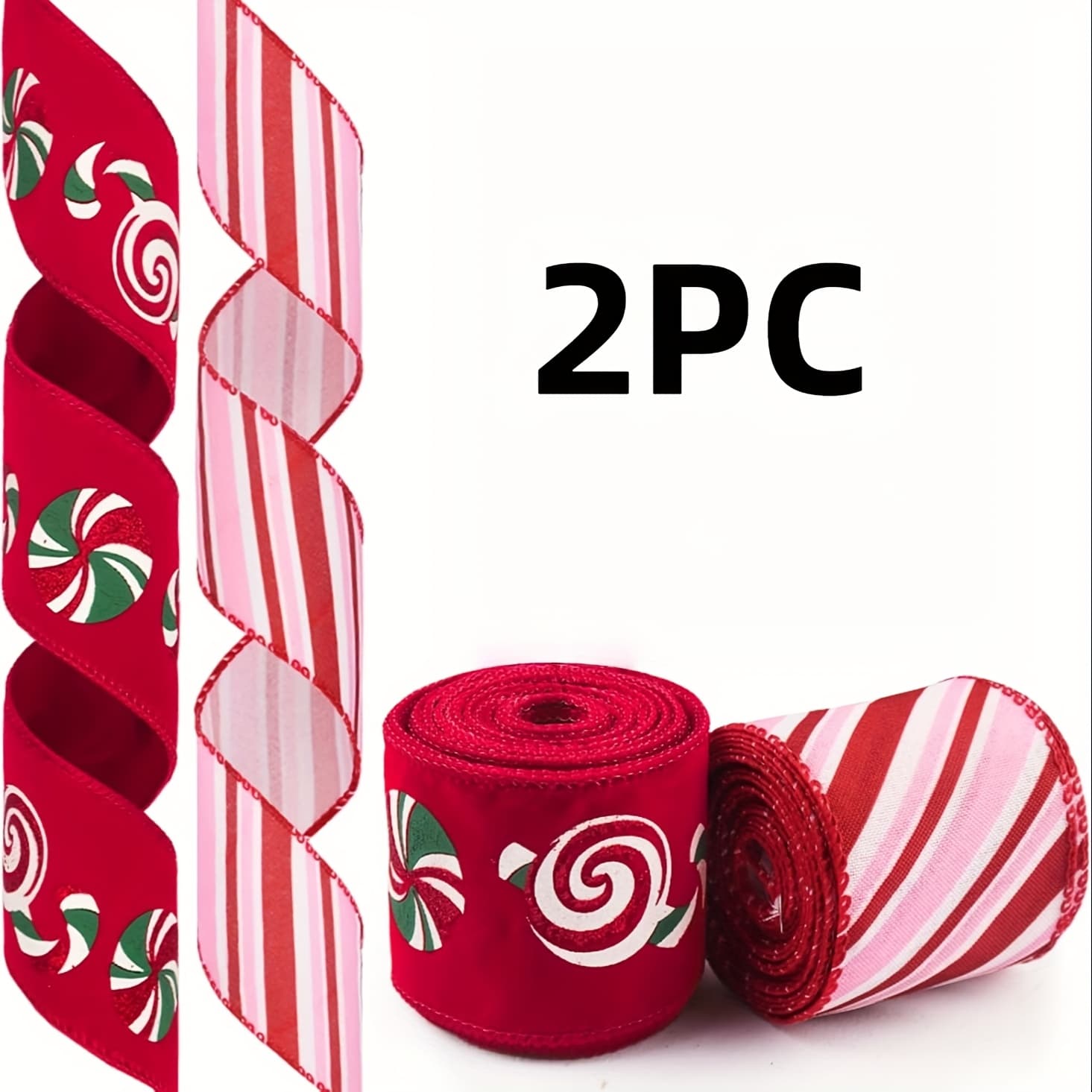 TEMU 2pcs Red Candy Cane Wired Ribbon, 2. 5" X - Perfect For Diy Christmas Tree Ornaments, Bows & Gift Wrapping, Decorative, Striped Ribbon, Wreath