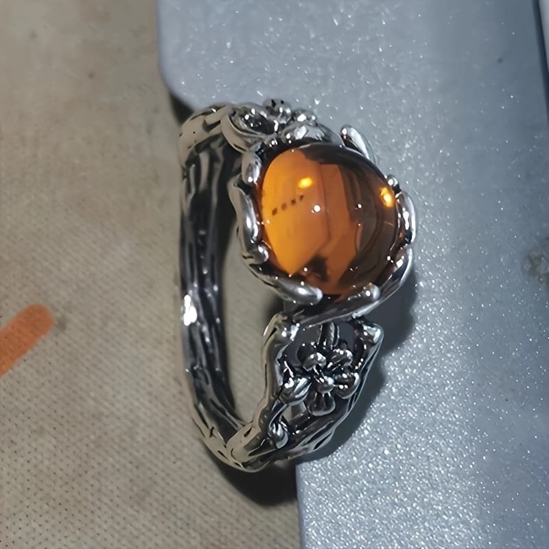 TEMU 1pc New Ancient Water Drop Anti Amber Stone Honey Wax Ring With Carved Flowers And Branches, Elegant And Elegant Style Ring For Men And Women