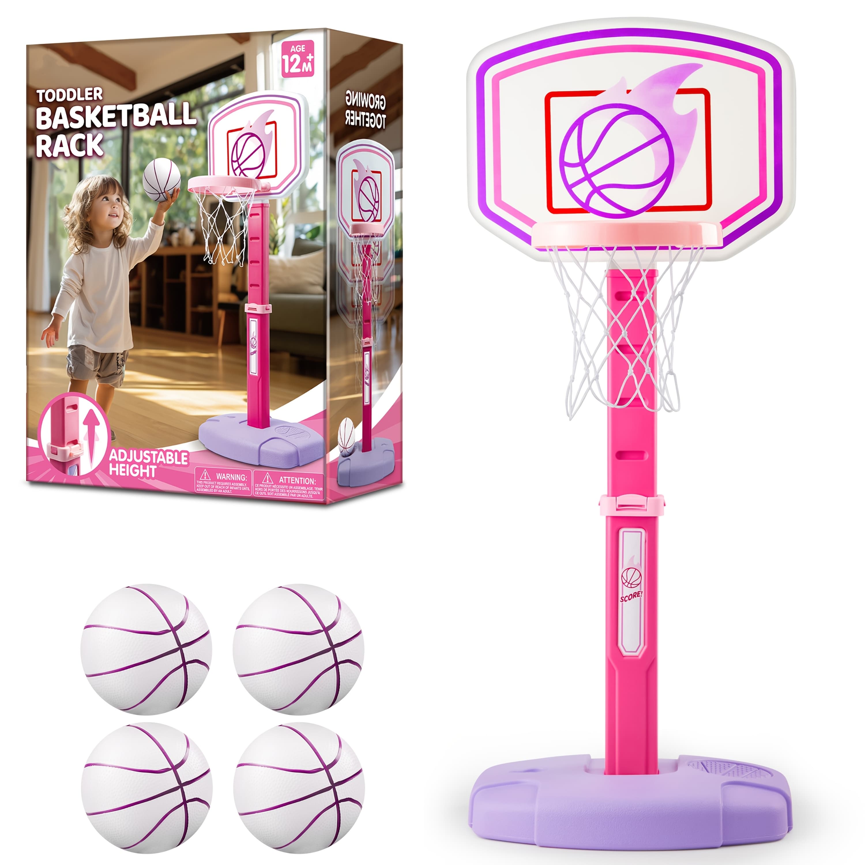 TEMU Toddler Basketball Hoop Adjustable Height Kids Basketball Goal With 4 Balls And Air Pump, Indoor Outdoor Sports Game, Christmas Birthday Easter Gift For Boys Girls Age 1+