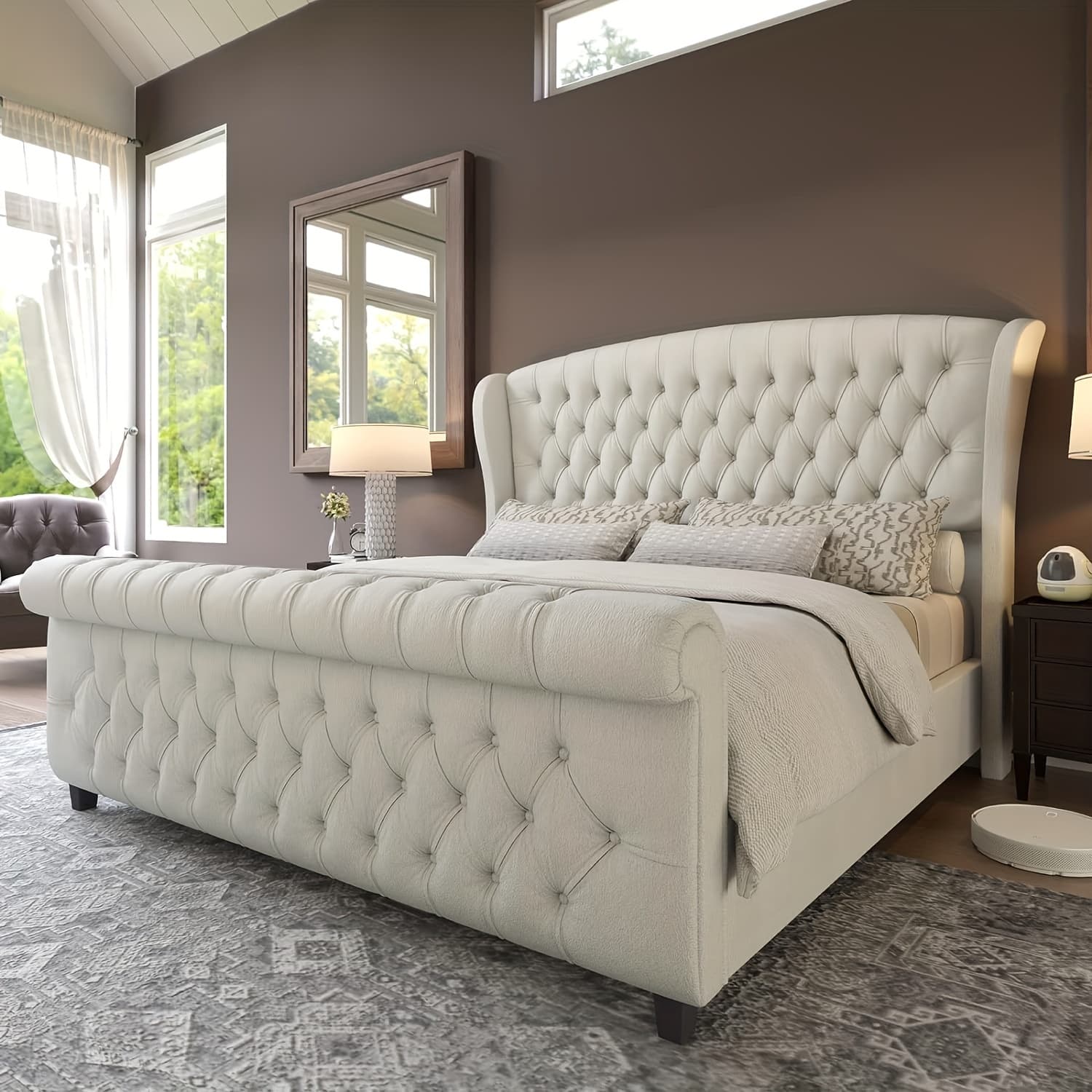 TEMU Chenille Upholstered Platform Bed Frame With Scroll Wingback Headboard And Footboard, Button Tufted Design, Spring Required