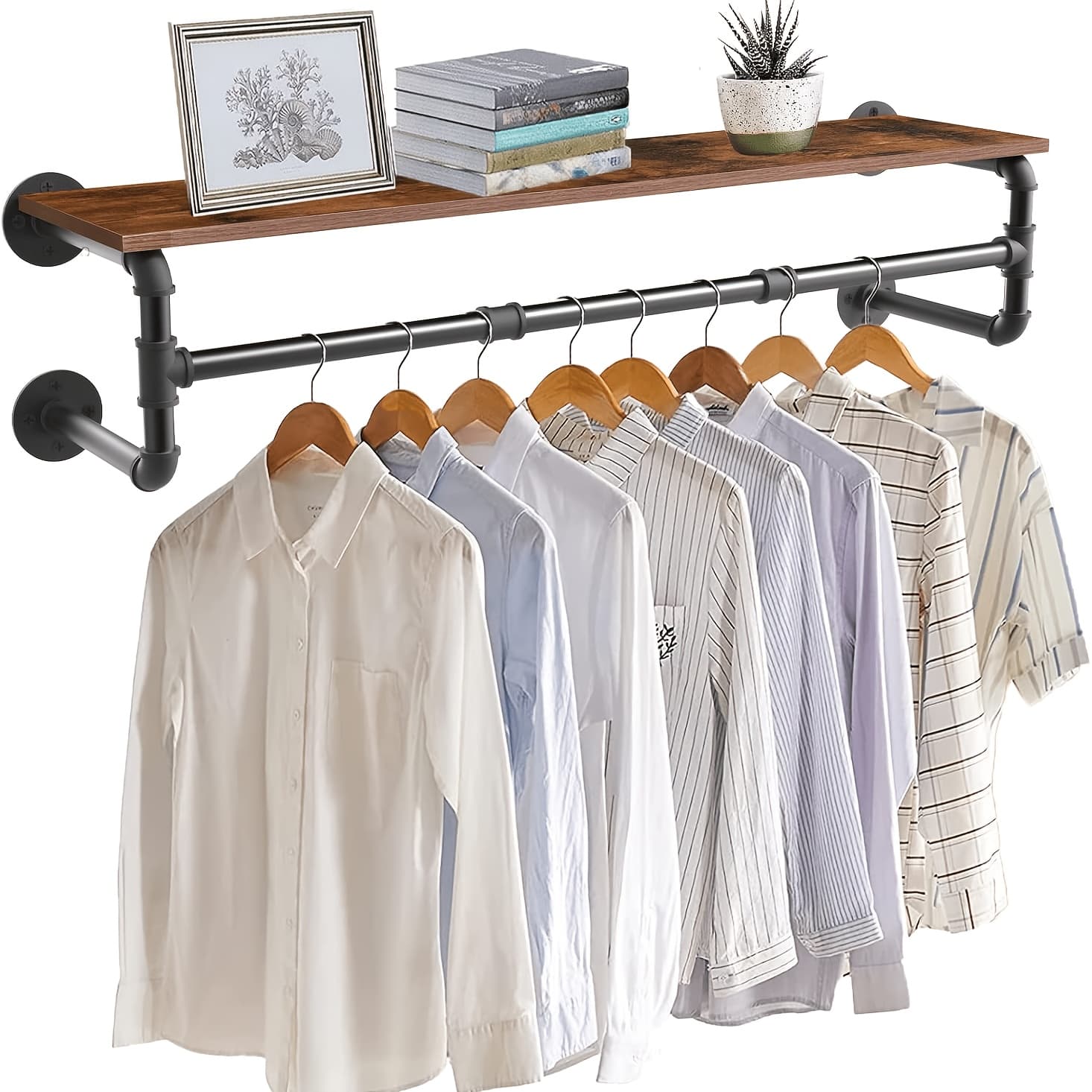 TEMU Aesome 39.3''l Industrial Pipe Clothes Rack With Top Shelf And 3 Hooks Wall Mounted Garment Rack Heavy Duty Detachable Hanging Rod For Closet Storage