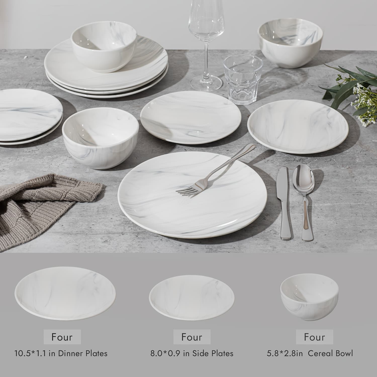 TEMU 12pcs Marble Looking Porcelain Dinnerware Sets, Service For 4, Hand-glazed Ceramic Dinner Sets, Porcelain Plates And Bowls Suitable For Steak, Pasta, Pizza, Home, Party, Restaurant