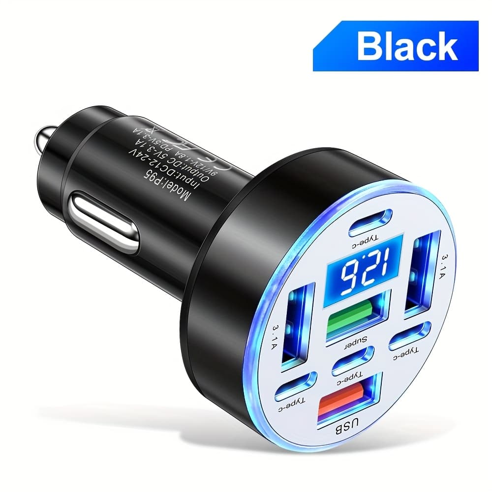 TEMU 150w 8 - In - 1 Car Charger Featuring A Digital Voltage Display. With 4 Usb And 4 Pd Ports, Car Atmosphere Light, Car Accessories For Men, For Iphone 16/15/14/13/12/11 And For Gps Dash Cam