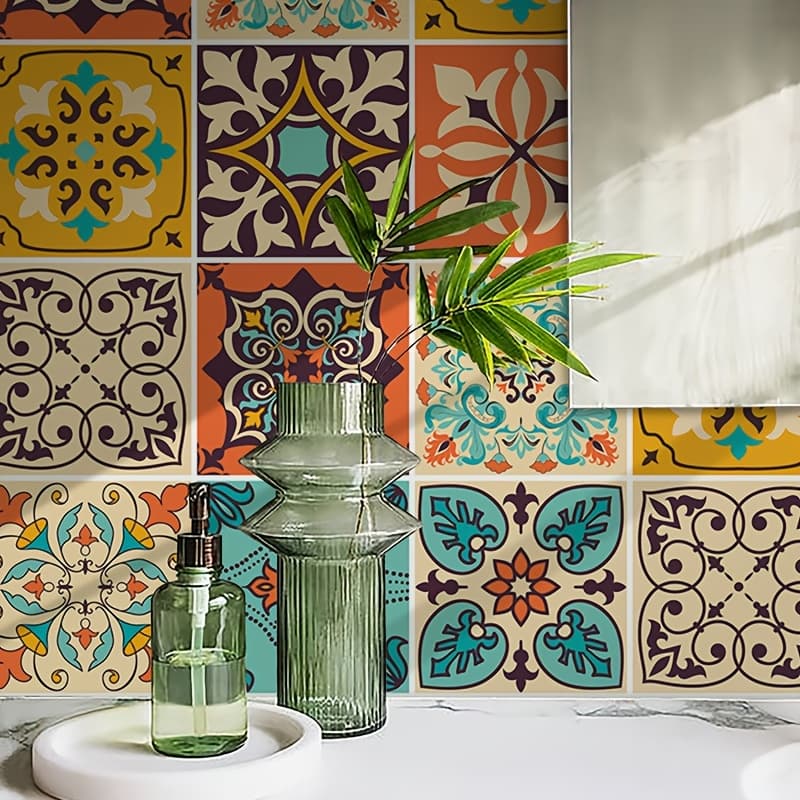 TEMU 30pcs Bohemian Tile Self-adhesive Wall Sticker, Flower Pattern Peel And Paste, Waterproof Kitchen And Bathroom Decoration Wall Sticker, Vinyl Wall Sticker, Home Wall Decoration, 4x4inches