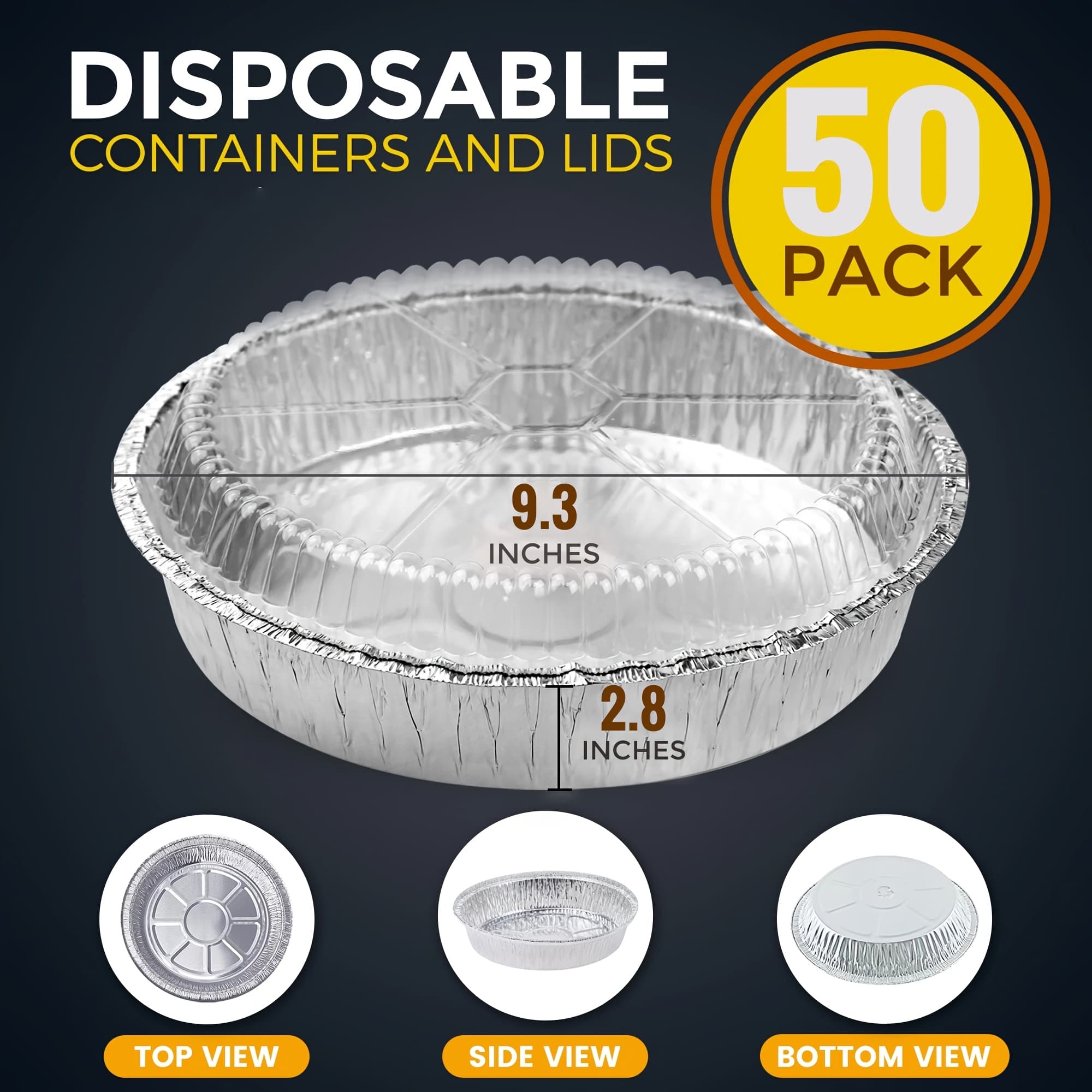 TEMU 50-pack 9.3" Round Aluminum Foil Pans With Clear Lids | Disposable Containers With Straight Walls For Storing, Baking, Heavy Duty, Standard Size