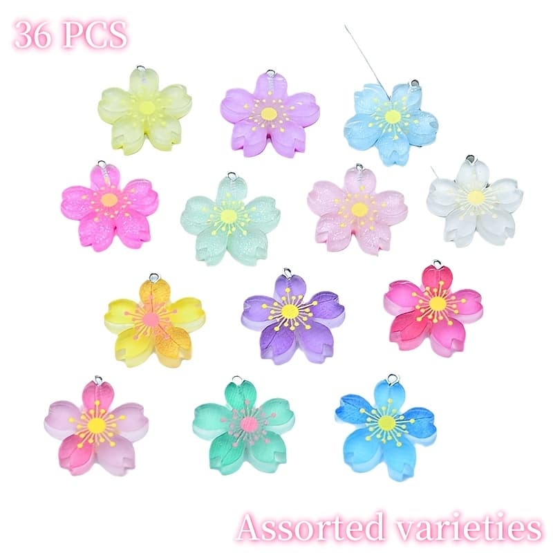 TEMU 36pcs Glowing Sakura Resin Flower Charms Set For Jewelry Making - Handcrafted Luminous Pendants For Earrings, Necklaces, Bracelets, And Keychains