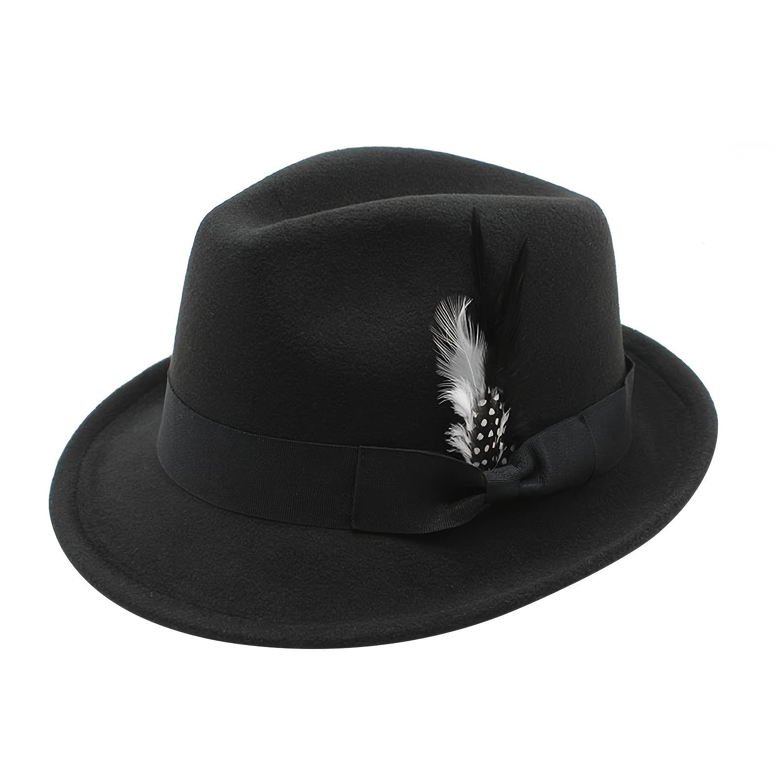 TEMU Flongo Classic Fedora Hats For Men Women Short Brim Felt Feather Hat Panama Dress Hat