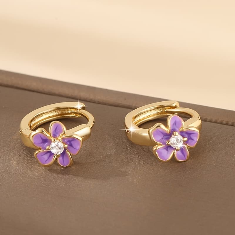 TEMU 1 Pair Of Fashionable And Elegant Copper Drop Oil Synthetic Zirconia Small Flower Ear Studs, Vintage Minimalist Women's Round Earrings, Date Gift