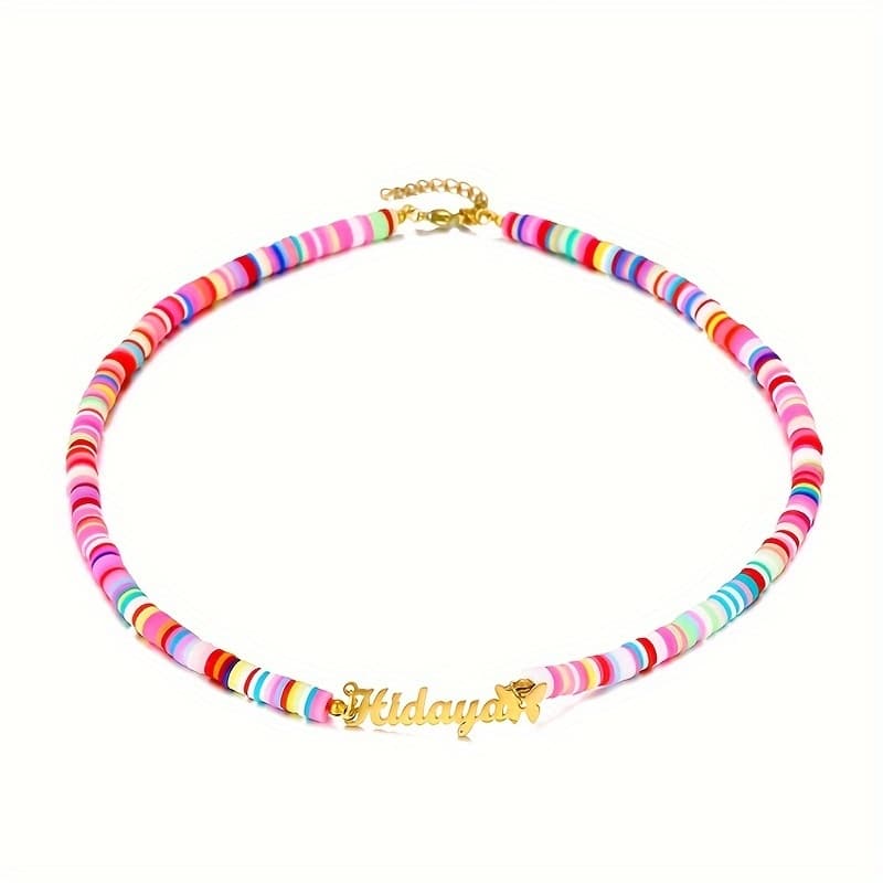 TEMU Customized Name Necklace - Adjustable Stainless Steel Chain With Colorful Beads, Bohemian Style Jewelry For Women, Beach Vacation & Party Gift, Wear