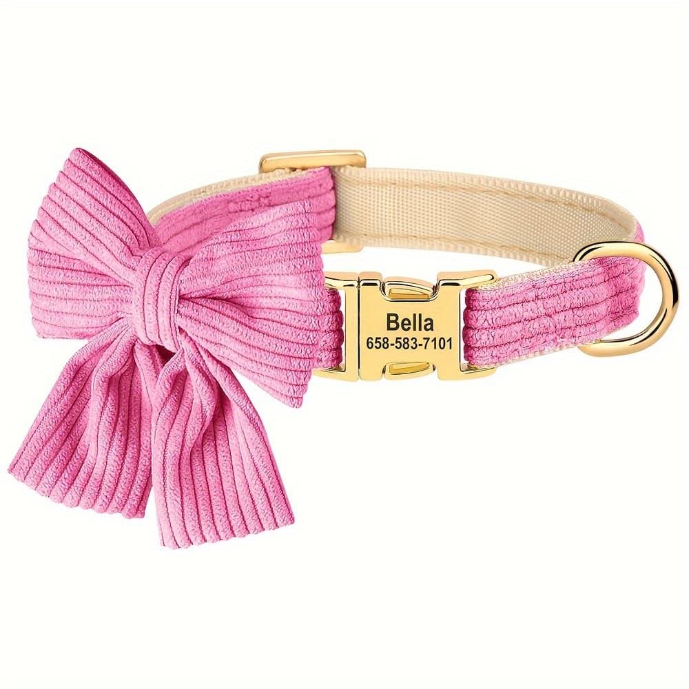 TEMU Customizable Corduroy Dog Collar With Large Bow - Adjustable, Soft & Comfortable For Small To Medium Breeds - Perfect For Daily & Special Occasions