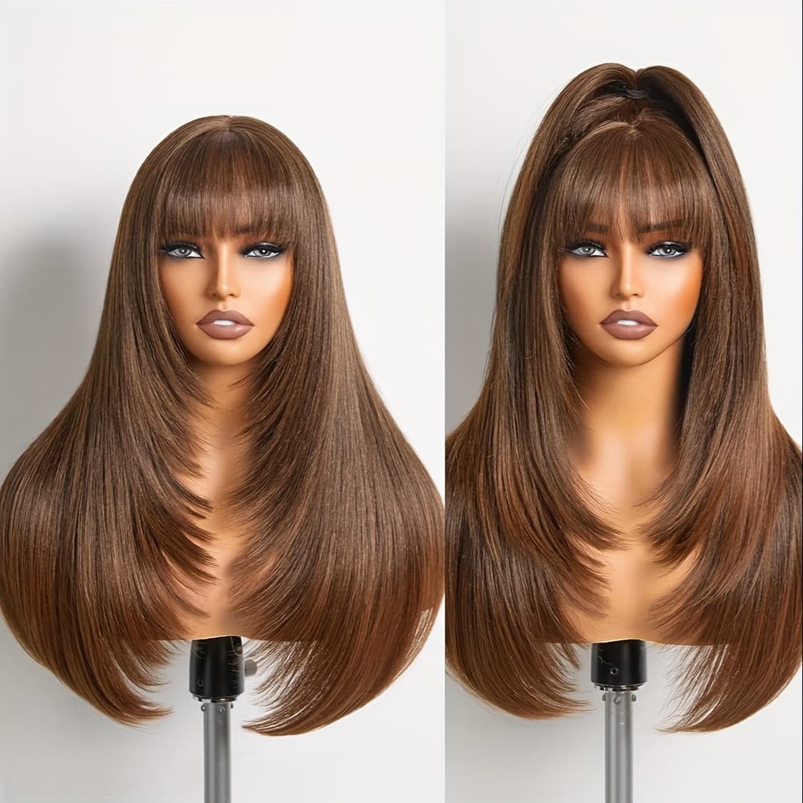 TEMU 26inch Glueless Black Wig With Bangs Long Straight Layered Wig Put On & Go Curtain Bangs Wig Pre Lace Bang Wig With Realistic True Scalp Upgraded With Premium Synthetic Fiber