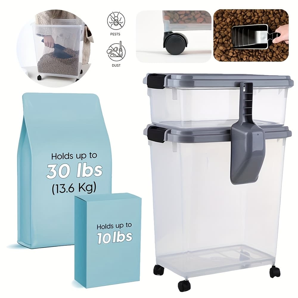 TEMU Heavy-duty 30+10l Large Dry With Locking Lid Supply, Cat Food Storage Container, Treat Container, Airtight, Stackable, Wheels, , Black