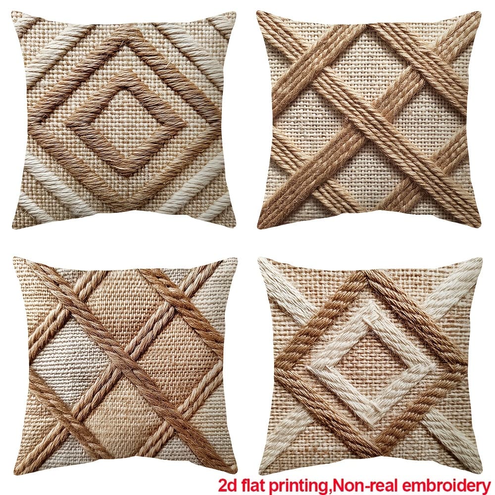 TEMU 2d Flat - 4pcs Boho Throw Pillow Case, 2d Flat Printing Geometric Striped And Diamond Patterns , Decorative Pillow Cover For Room Bedroom Couch Sofa