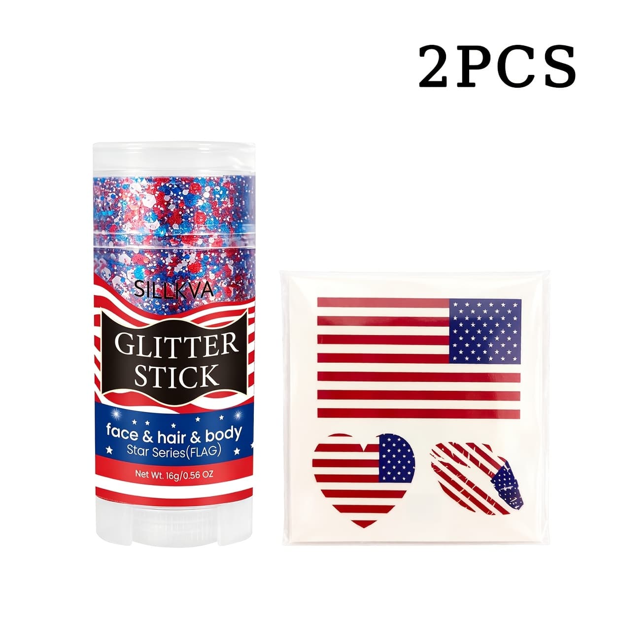 TEMU 2-in-1 Glitter Stick With American Flag Stickers, Waterproof Self-adhesive No Glue Glitter Gel, Multi-use For Face Hair Body, Ideal For Patriotic Party Soccer Festival Decor