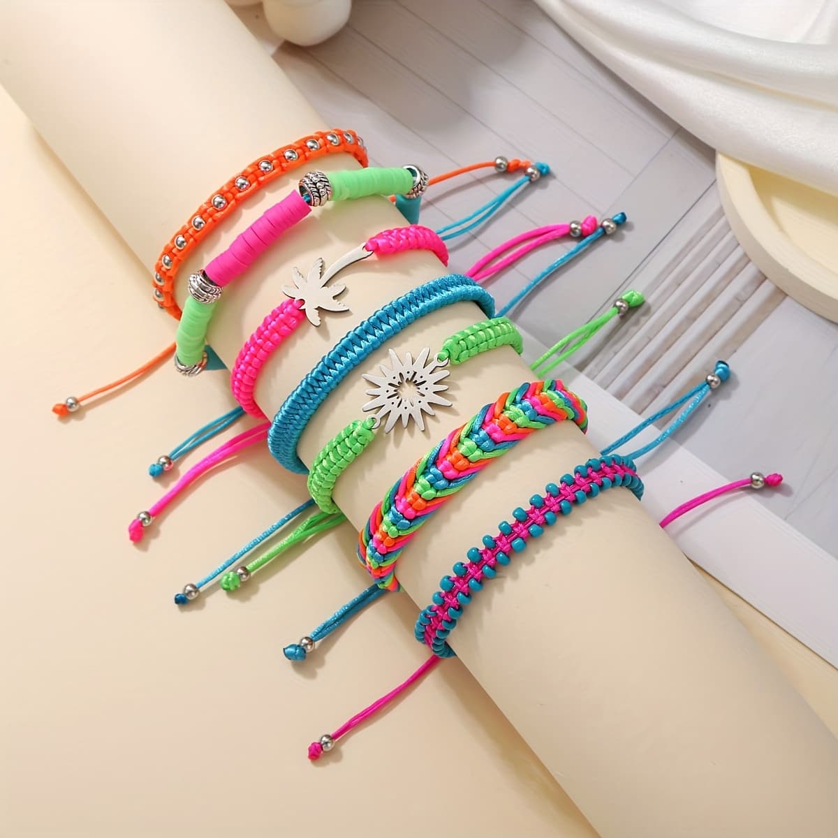 TEMU 7pcs Holiday Seaside Women's Woven Bracelet Set With Stainless Steel Pendants, Handcrafted Bracelet Set
