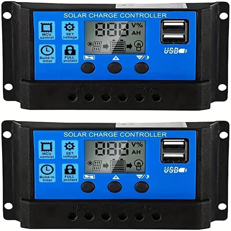 TEMU 2pcs Charging Controllers, 12v/24v Width Regulators With Lcd Display, Dual Usb Outputs, Solar Panel Charging Accessories With Lcd Display - Suitable For Rv Camping And Systems