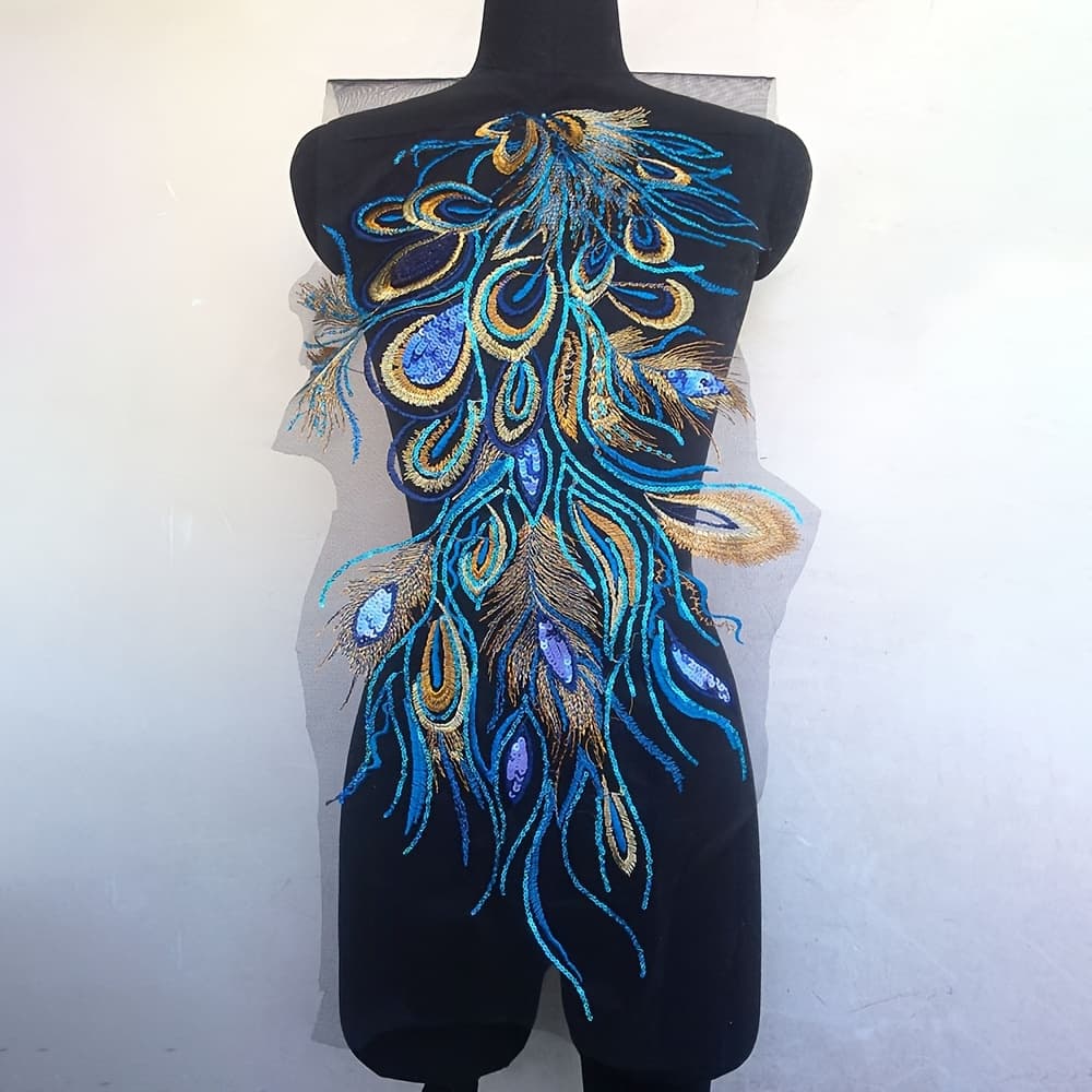 TEMU 1pc Blue Sequin Phoenix Tail Mesh Embroidered Cloth Patch Embroidery Flower Applique Cheongsam Clothing Decoration Patch