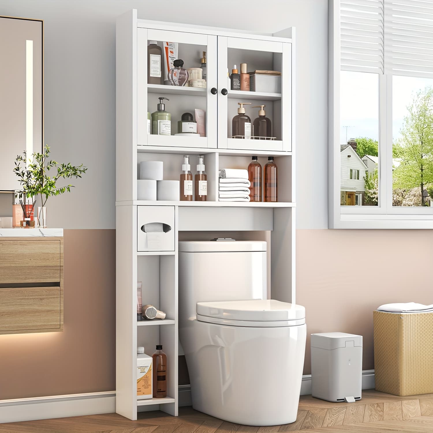 TEMU Over Toilet Storage Cabinet With Acrylic Doors, Bathroom Organizer With Built-in Toilet Paper Holder, Space-saving Shelf For Restroom And Laundry, White