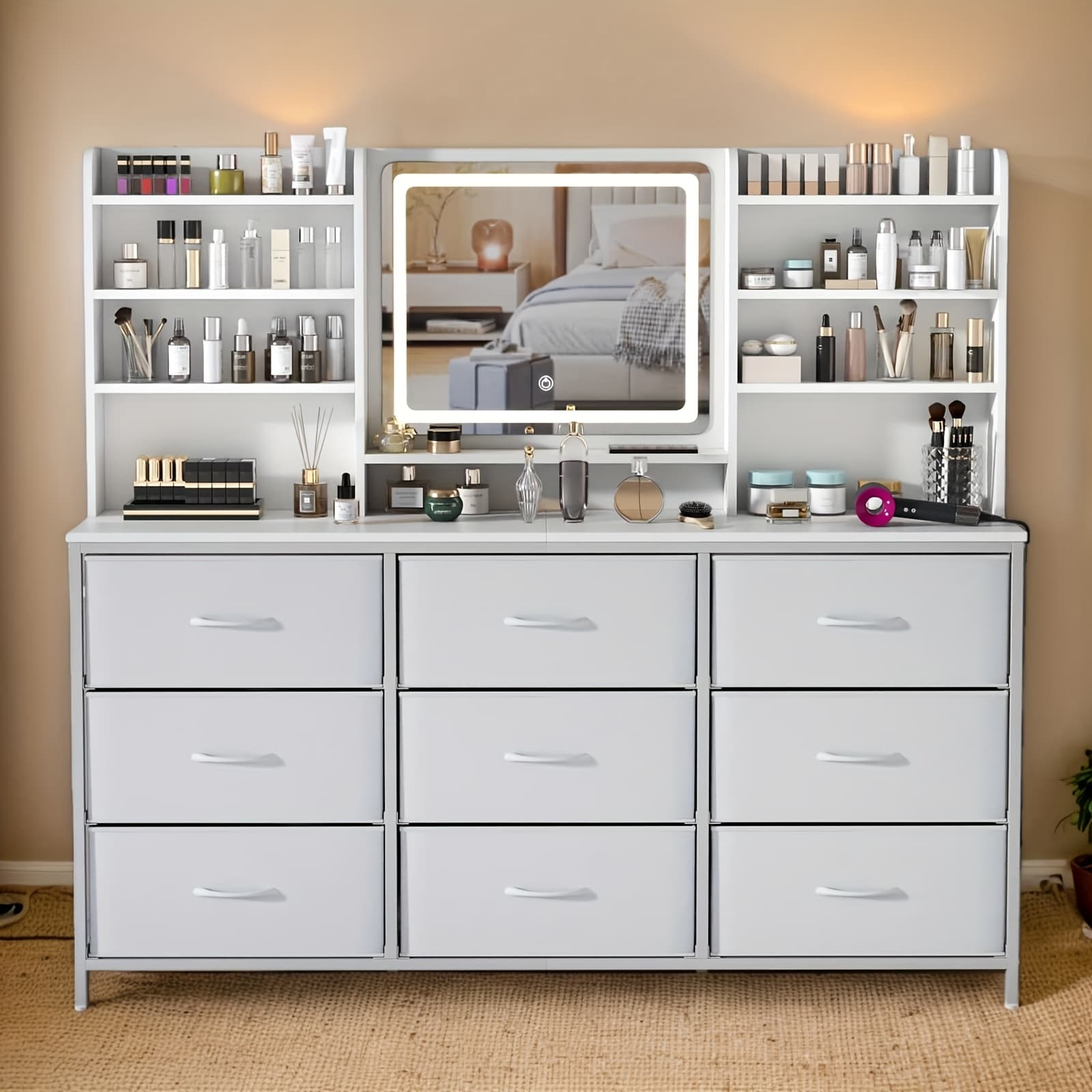 TEMU Dressing Table Featuring A Spacious Mirror, With 9 Fabric Drawers And Storage Shelves, Ideal For Women And Girls, With Adjustable Lighting In , Finished In White