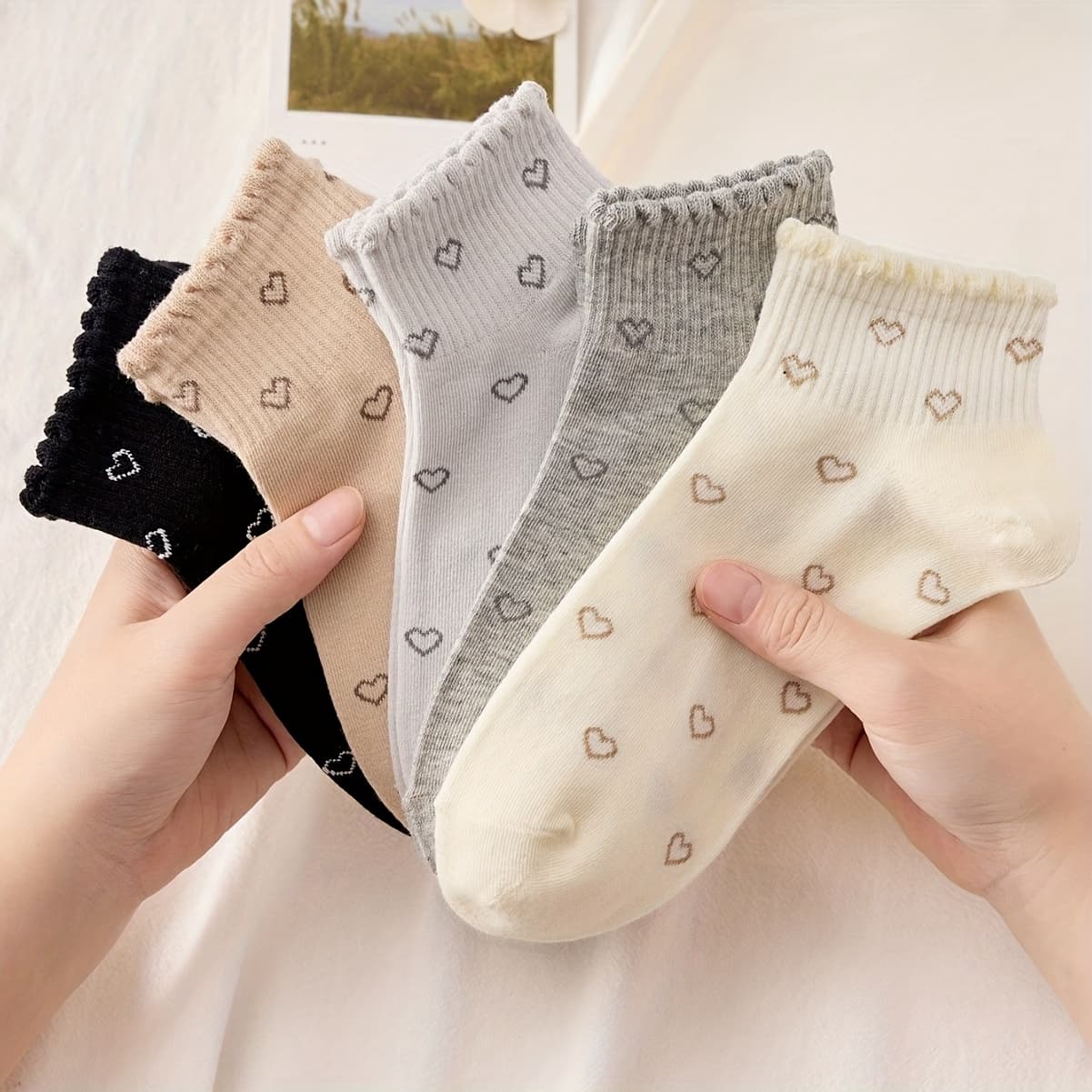 TEMU 5 Pairs Of Summer Breathable Low-cut Socks With Japanese Lace Heart Print, College Style Sweat-absorbing Ankle Socks
