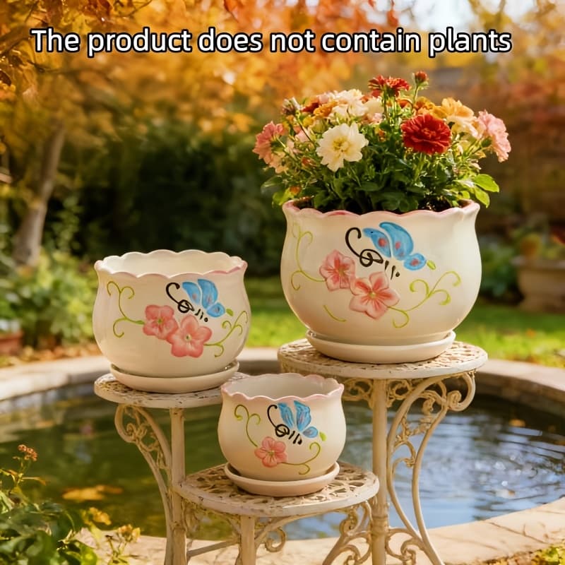 TEMU High-temperature Suitable For Outdoor/ Use Contemporary Round Ceramic Planter Pot With Saucer - &, Breathable Suitable For, Herbs, , Balcony, Patio, Desktop Plant Pot, Modern Decorative Pottery