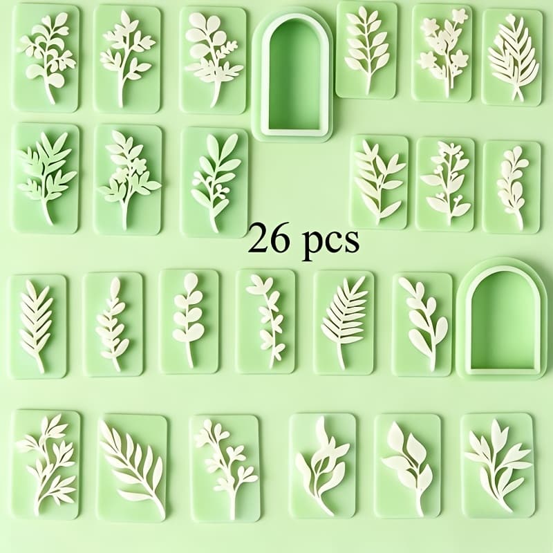 TEMU 26pcs Green Leaf Soft Clay Earring Mold Fresh Plant Vine Foliage Pottery Clay Cutter Set Earrings Pendant Ceramics Making Tools
