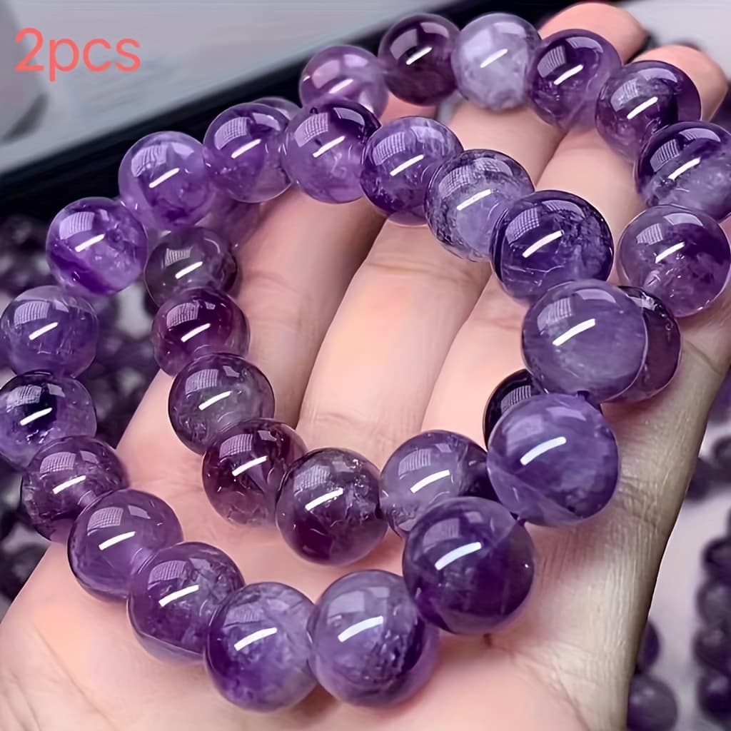TEMU 2pcs Lavender Purple Glass Bead Bracelets - Elegant 8mm Hand Jewelry, Perfect Birthday Gift