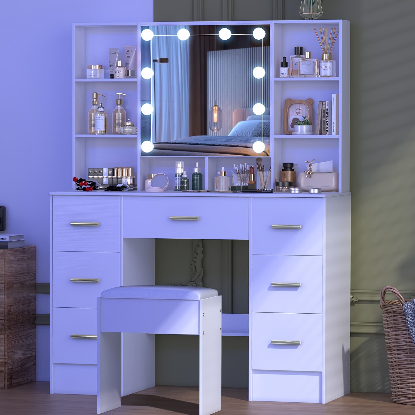 TEMU Vanity Desk Dressing Table Makeup Dressing Table Set With Led Illuminated Mirror, 7 Drawers, Multiple Compartments, Stool Included, Birthday, Christmas, New Year Gift
