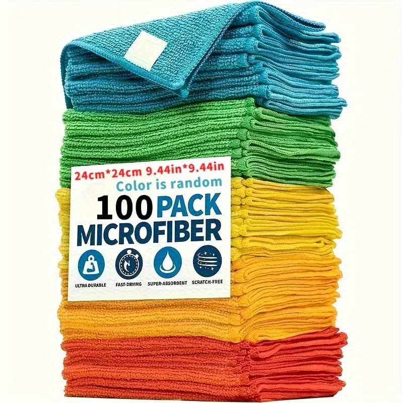TEMU 100pcs Color Random Premium Microfiber Cleaning Cloths: Super Absorbent, , Streak-free For Kitchen, Bath, Car, Office, Outdoors. Durable & Reusable. Bulk Holiday . Cleaning Cloth, Reuse, , Edges.