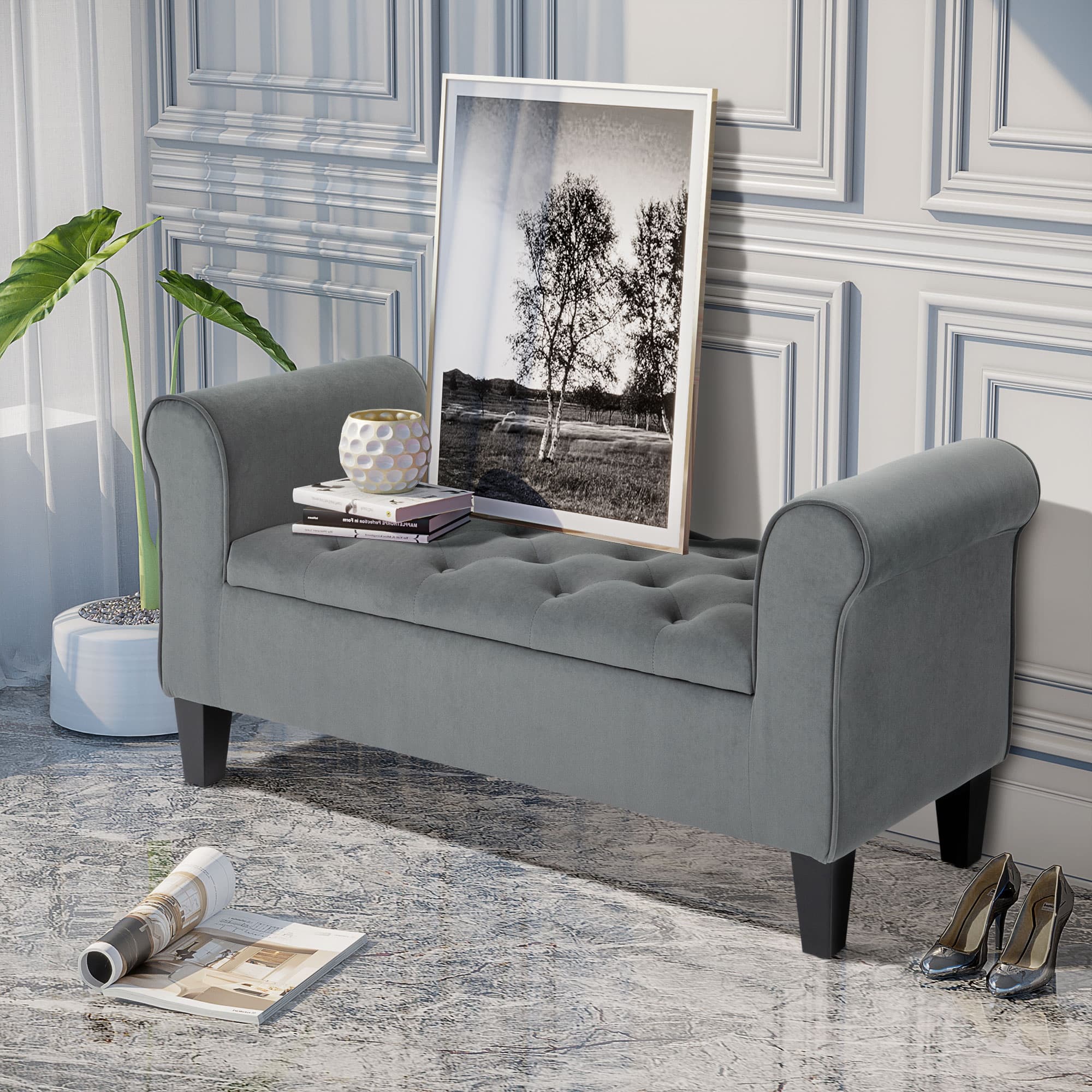 TEMU Homcom Grey Upholstered Storage Ottoman Bench With , Frame &, Freestanding Bed Bench With Hidden Storage Compartment, Low-profile Footrest For,, End Of Bed Furniture (easy Assembly)