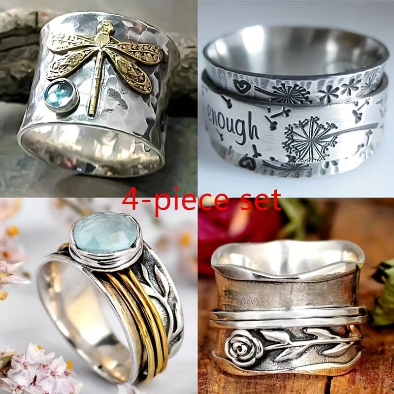 TEMU 4pcs/set Of Classic And Exquisite Retro Patterned Rings, Luxurious And Fashionable Gentleman Rings