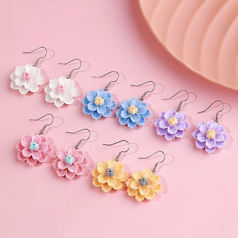 TEMU 5 Pairs Of Cute Candy Color Flower Earrings For Girls