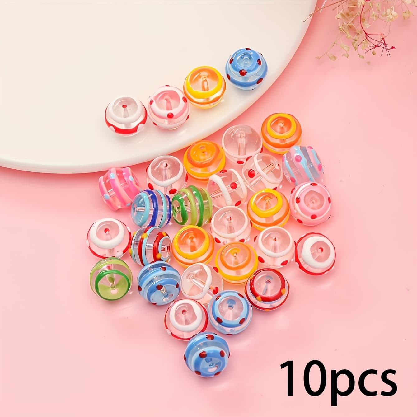 TEMU 10pcs Mixed Color Drip-glazed Hand-painted Striped And Polka Dot Round Beads For Diy, Suitable For Making Handmade Necklaces, Bracelets, And Other Material Accessories