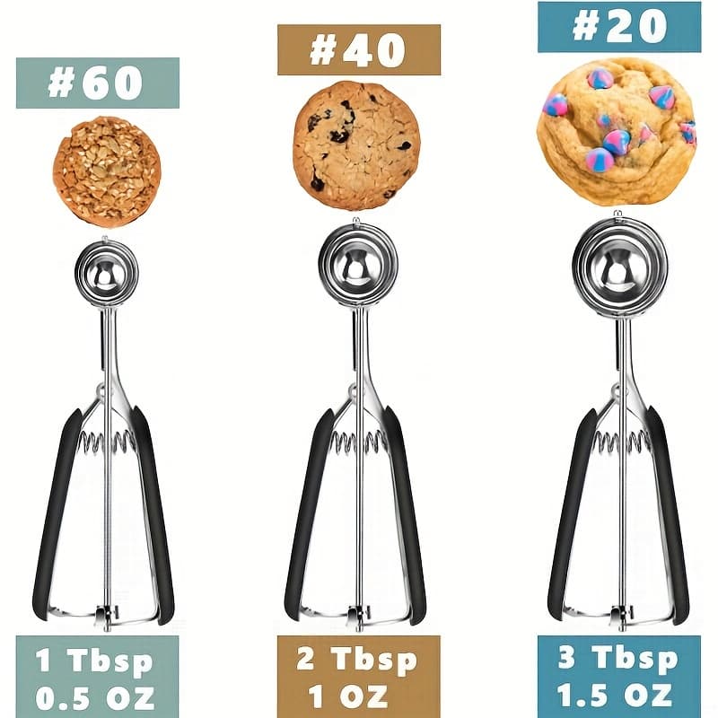 TEMU 1/3pcs Stainless Steel Cookie Scoop Set With Non-slip Rubber Handle, Uncharged , Includes 1/2/3 Sizes, 18/8 Baking Scoops With Trigger Release For Ice Cream Dough.