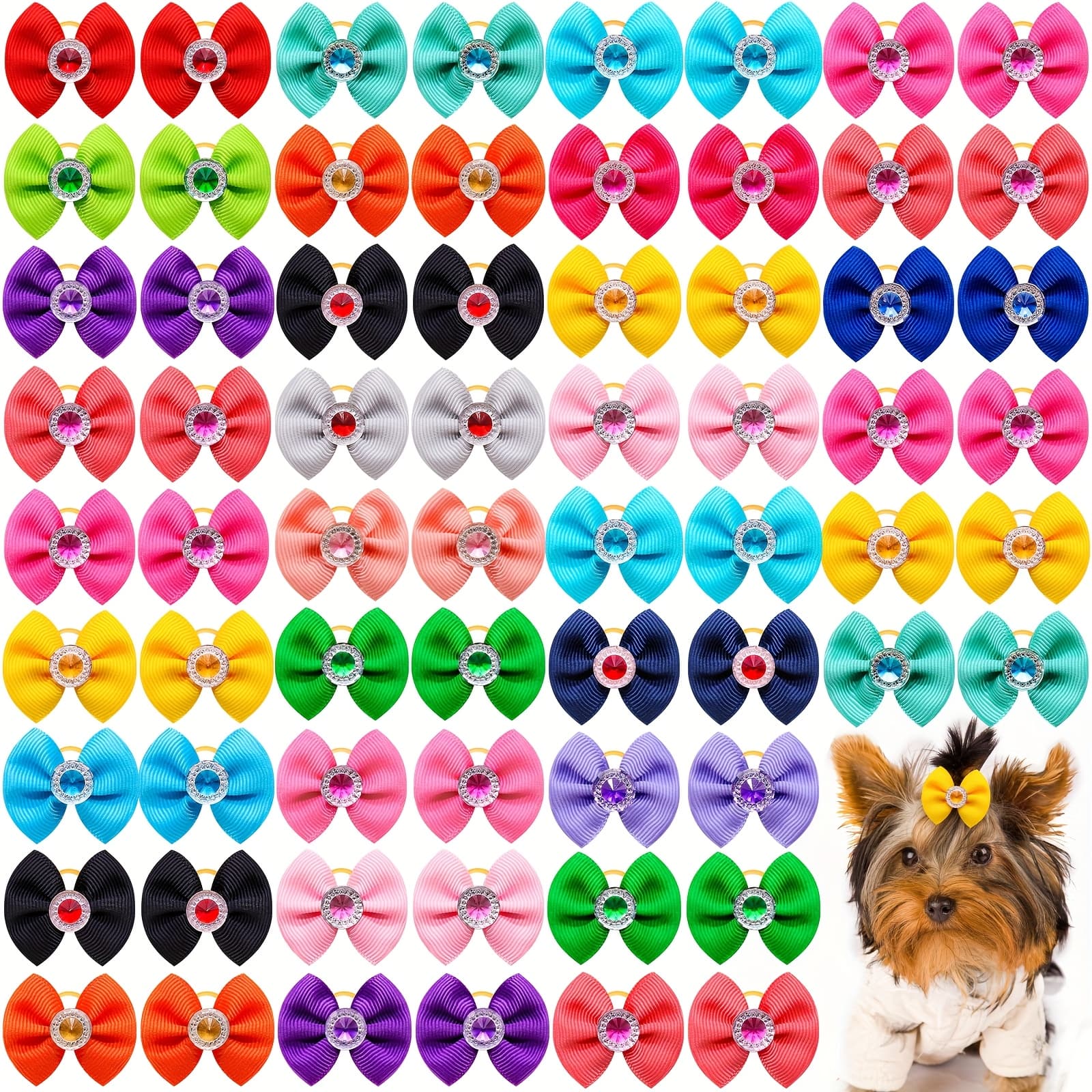 TEMU Set Of 60 Solid Color Dog Bows With Rubber Bands, Handmade Bows Suitable For Dogs, Puppies, Cats, Bunnies, And , Perfect For Pet Grooming