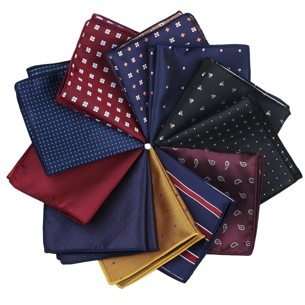 TEMU 11-color Men' Towel Set With Multiple Pocket Squares, Fashionable Polyester , Retro Embroidered Pattern Small Square Handkerchiefs