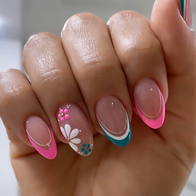 TEMU Color Block: Nude Pink + Rose Pink Three-dimensional Small Flower Nail Art, Fresh Short Style, Effect, Press-on Nail Patches