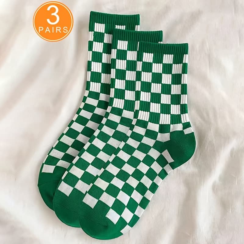 TEMU 3 Pairs Of Green Checkered High-cushion Socks, Unisex Mid-calf Outdoor Casual Sports Socks, Moisture-wicking And Breathable, Suitable For , Sports, And All