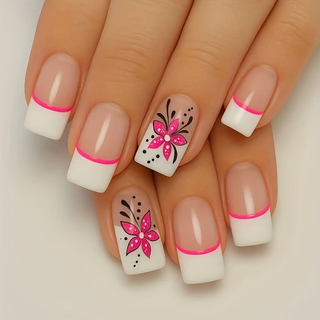 TEMU Look, 24 Medium Square Fake Nails, White Wearing Nail Design, Glitter Detachable Fake Nails