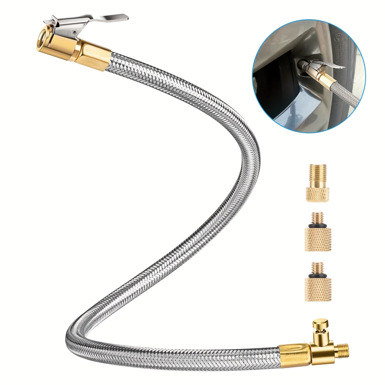 TEMU 21-inch Tire Inflator Extension Hose Adapter Featuring Release, Clip-on Locking Air , Along With A Flexible Stainless Steel Tire Valve Extension Tube, Without Battery