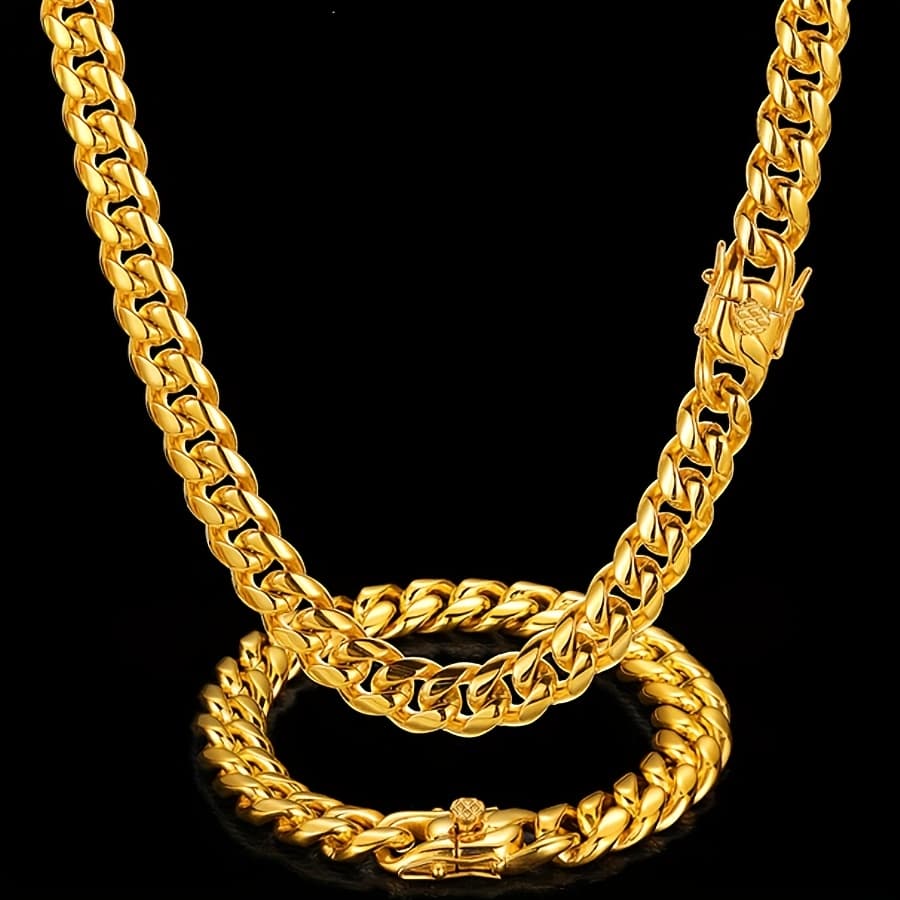 TEMU 2pcs Cuban Link Chain For Men 18k Golden Plated Plated Stainless Steel Chains Curb Punk Bracelet Necklace Hip Hop Jewellery Set