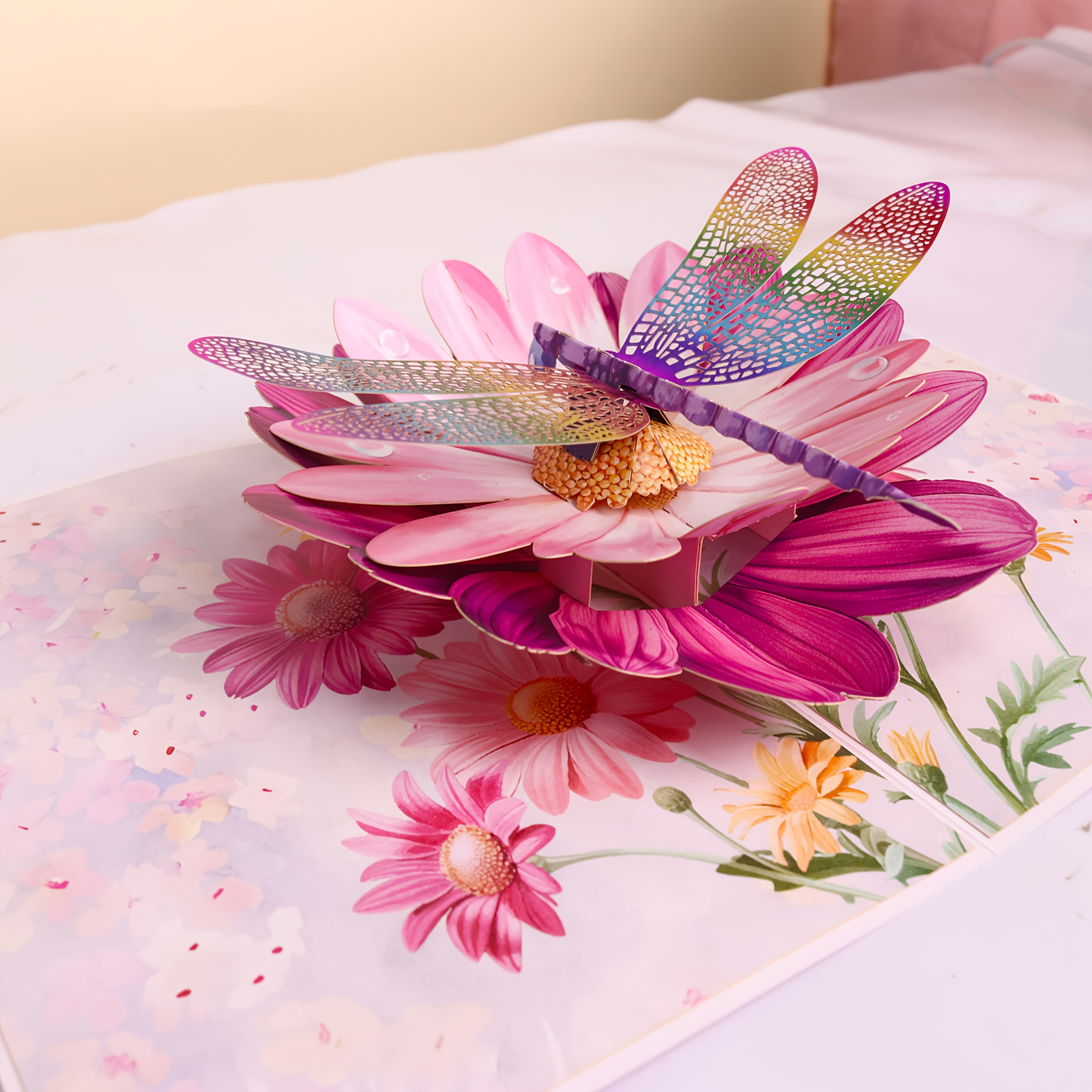 TEMU 1pc Dragonfly Flower 3d Pop-up Greeting Card - Cartoon-themed Special Feature Popup - For Happy , Birthday, Retirement, Sympathy, Get Well & Congratulations Perfect Gift For & Invitation Card