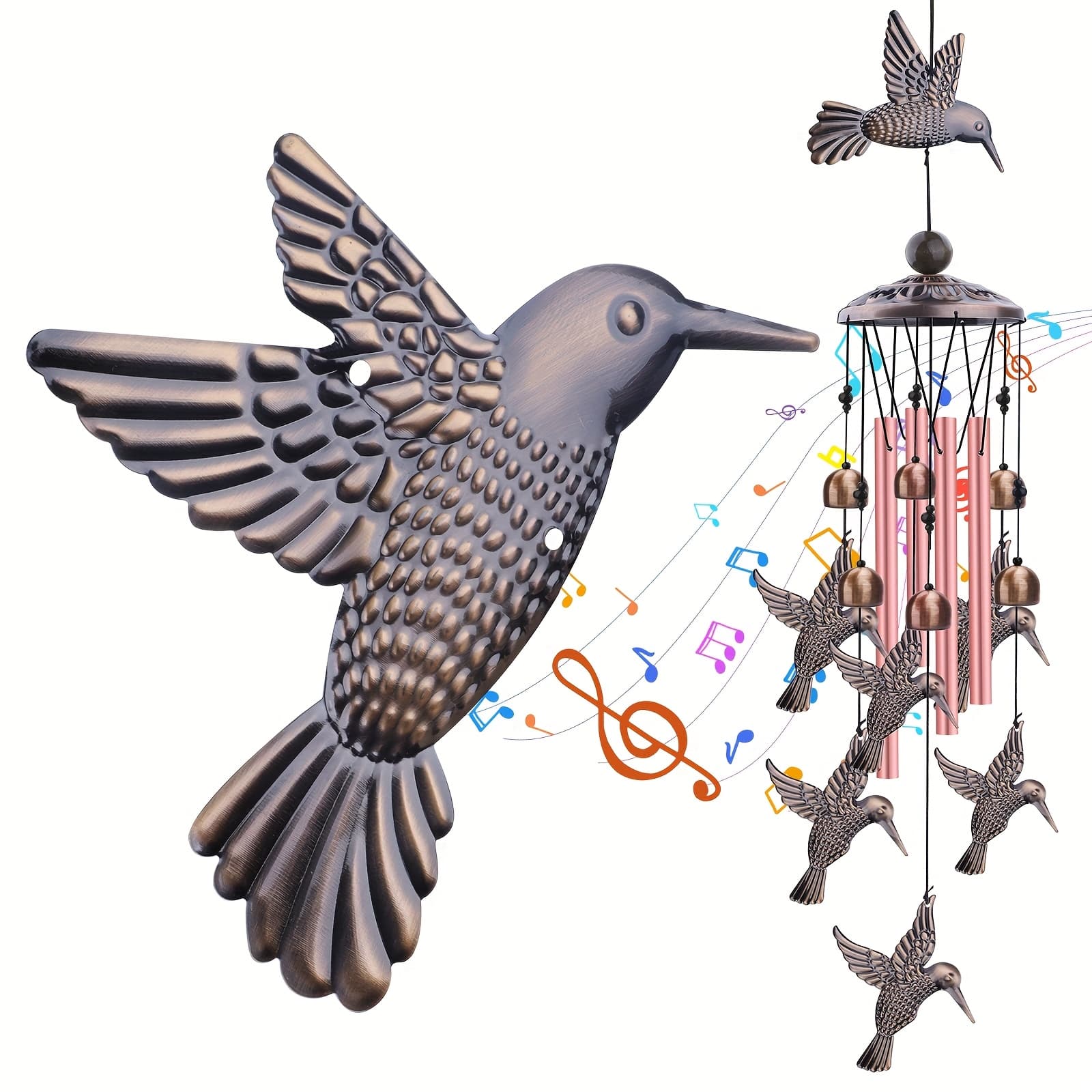 TEMU Hanging Hummingbird Wind Chimes With Metal Pipes, Vintage Wind Bells With Hook, Decorative Wind Chimes With Sound For Gardens, Yards, And Patios, Ideal For Housewarming Gift