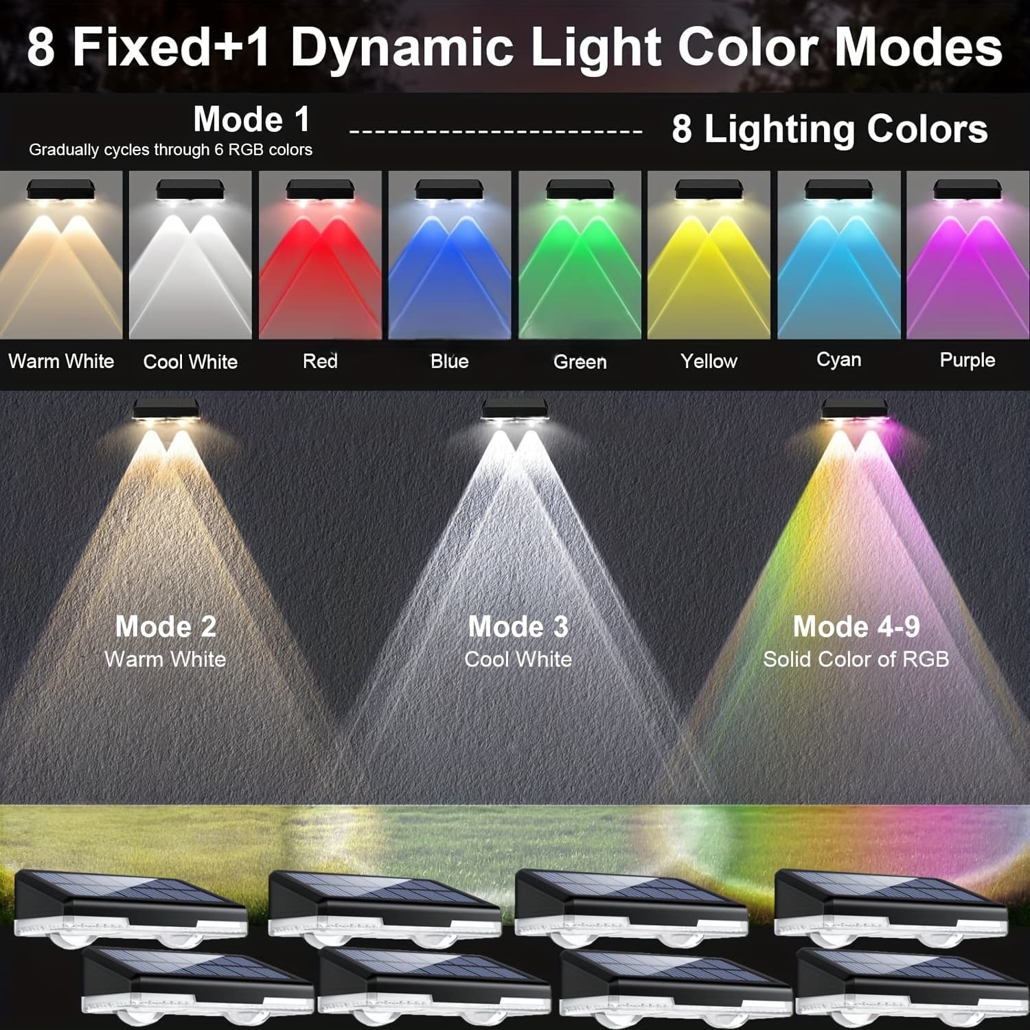 TEMU 8-pack Solar Fence Lights Outdoor, Solar Powered Step Lights, Warm White Rgb Color Changing 9 , Led Lighting Pathway For Outside Patio Garden Backyard Porch Decorations