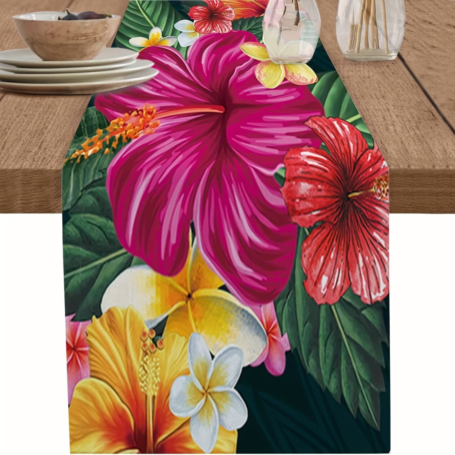 TEMU 1pc,table Runner 13x72 Inches Long Flower, Hibiscus Plumeria Table Runner Dresser Scarves For Kitchen Dining Family , Parties, Wedding Table Decorations